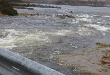 Flood water rushing under the
                                    bridge